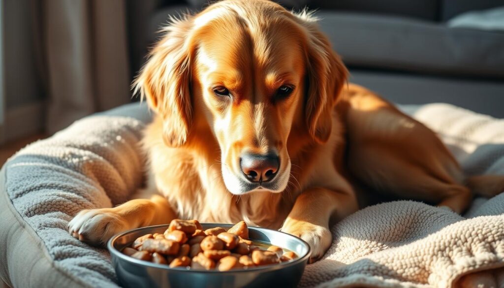 A senior golden retriever dog, with a gentle, peaceful expression, sits on a soft, plush dog bed, intently focused on a bowl of moist, savory wet dog food in front of him. The lighting is warm and natural, casting a soft, flattering glow on the dog's face and fur. The background is a cozy, inviting domestic setting, with neutral tones and minimal distractions, allowing the dog and his meal to be the central focus of the image. The overall mood is one of comfort, care, and the simple pleasures of a senior dog's mealtime.