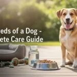 A happy, healthy dog surrounded by food, water, toys, and care essentials representing the daily needs of a dog.