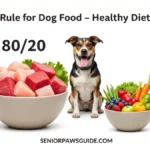 Healthy dog sitting near balanced food bowls showing 80/20 rule for dog food diet with meat and vegetables
