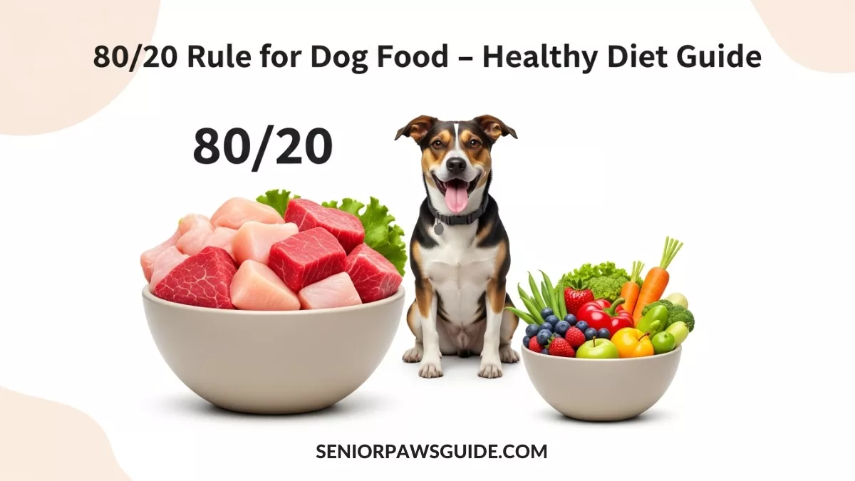 Healthy dog sitting near balanced food bowls showing 80/20 rule for dog food diet with meat and vegetables